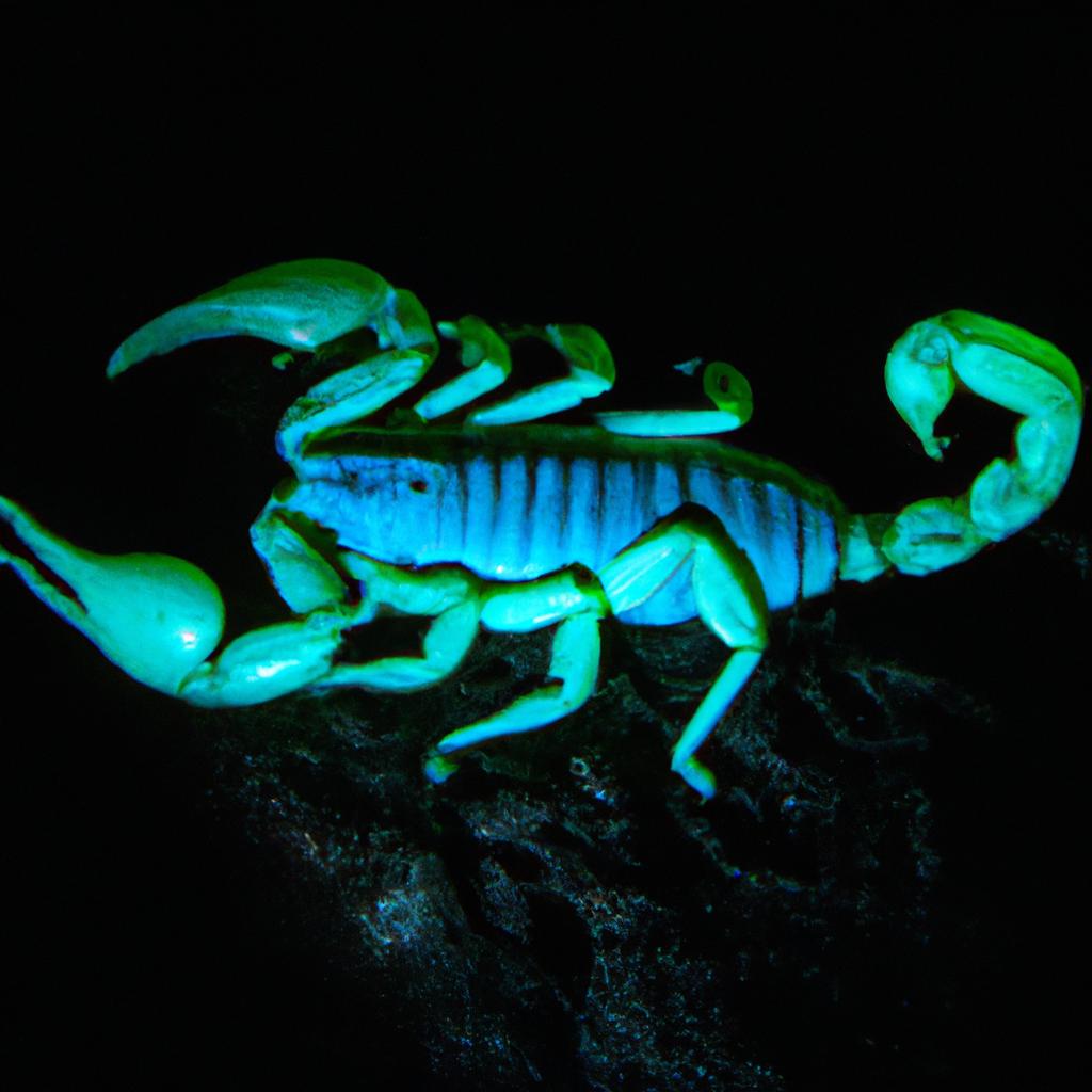 El Escorpión Fluorescente Brilla En La Oscuridad Bajo La Luz Ultravioleta Debido A La Fluorescencia De Sus Exoesqueletos.