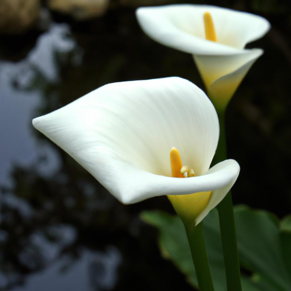 La Planta De Cala, También Conocida Como Lirio De Agua, Tiene Flores Blancas Y Hojas En Forma De Flecha Que Crecen En Ambientes Acuáticos.