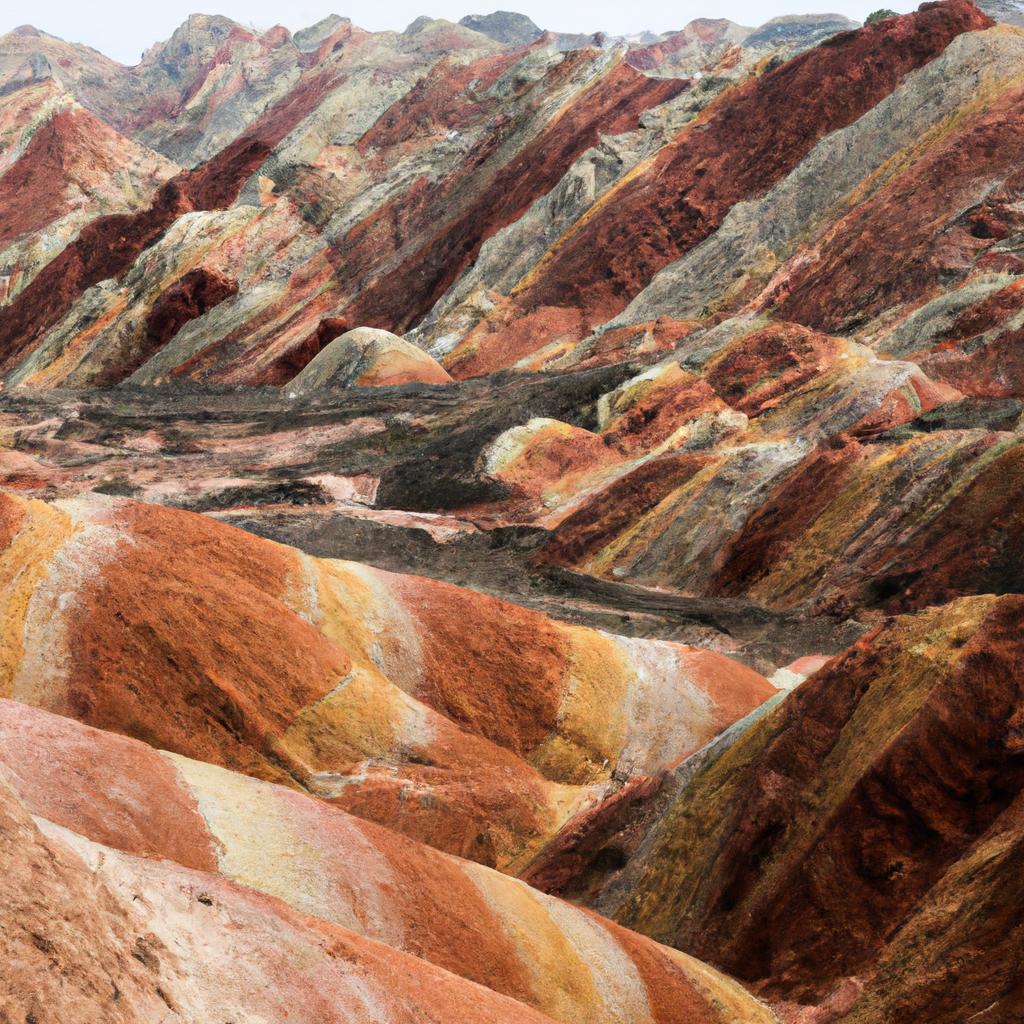 Las Formaciones De Piedra Caliza De Zhangye Danxia En China Son Famosas Por Sus Coloridas Montañas Y Acantilados, Que Presentan Una Mezcla De Tonos Rojos, Amarillos Y Naranjas.