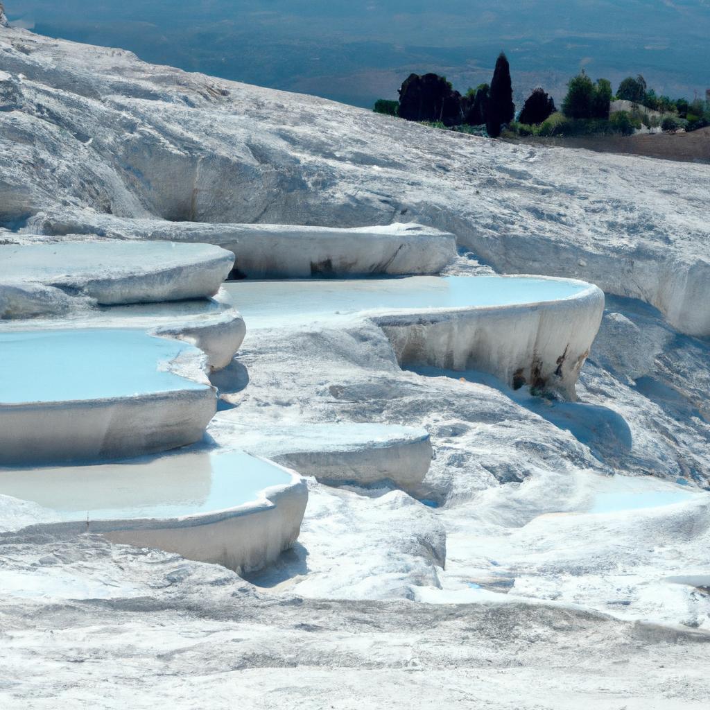 Las Formaciones De Travertino En Pamukkale, Turquía, Son Terrazas De Piedra Caliza Blanca Formadas Por La Acumulación De Carbonato De Calcio Disuelto En Aguas Termales.