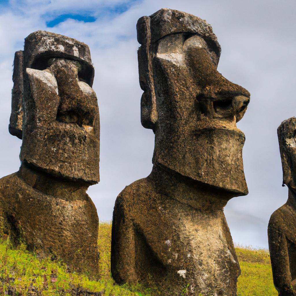 Los Moais De La Isla De Pascua En Chile Son Enormes Estatuas De Piedra Que Representan A Antiguos Ancestros Polinesios. Se Desconoce Exactamente Cómo Fueron Tallados Y Transportados.